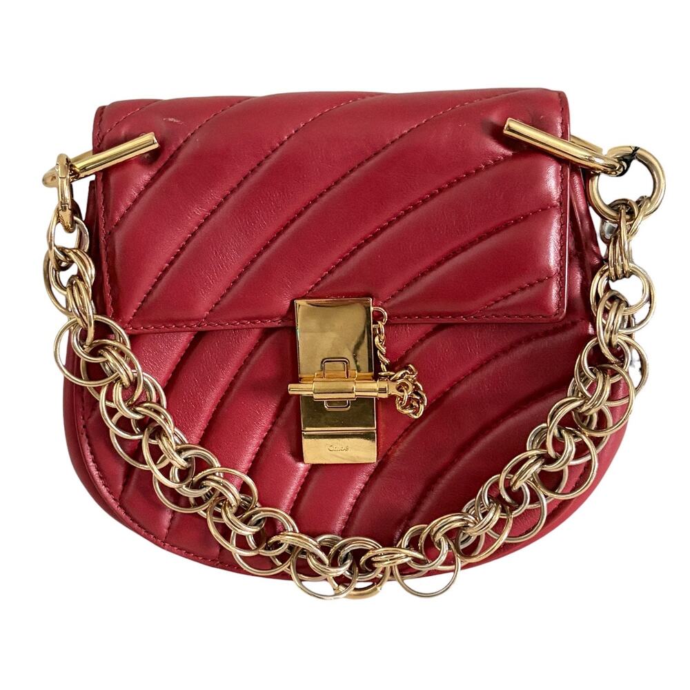 Chloe Mini Drew Bijou Red Quilted Leather Crossbody Bag w/ Chain Strap